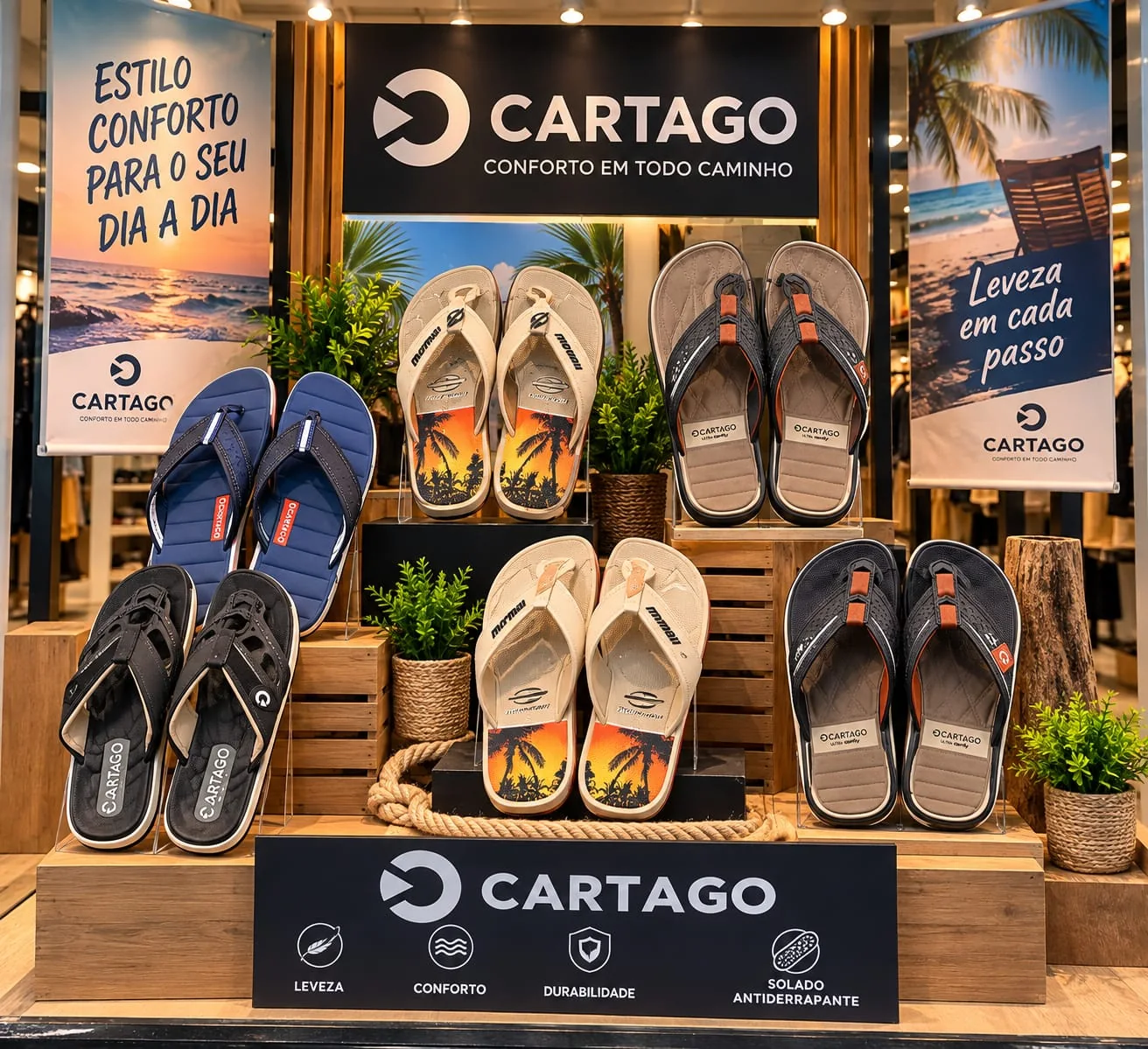 Exposição de chinelos e sandálias da marca Cartago