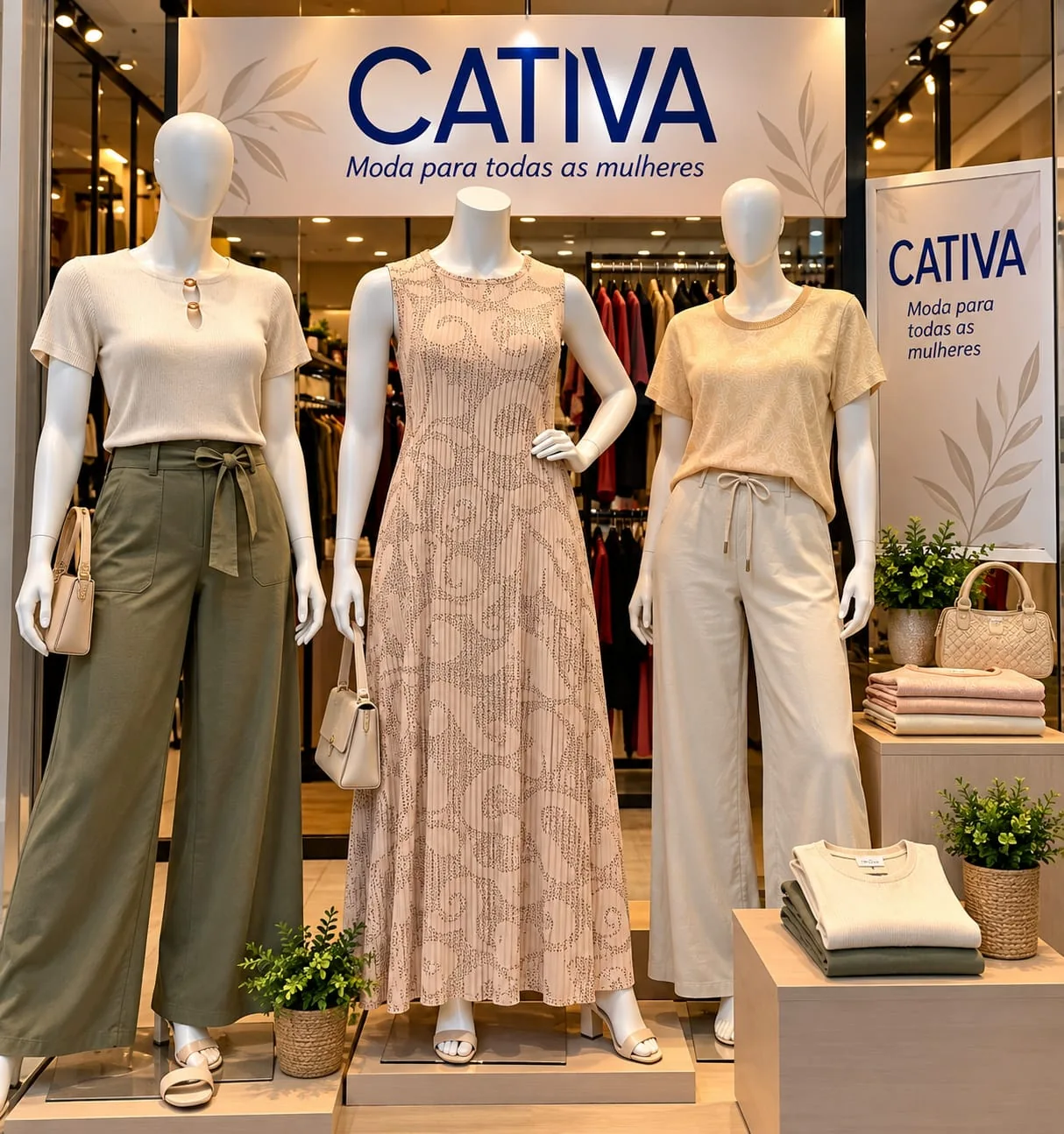 Vitrine com looks de moda feminina