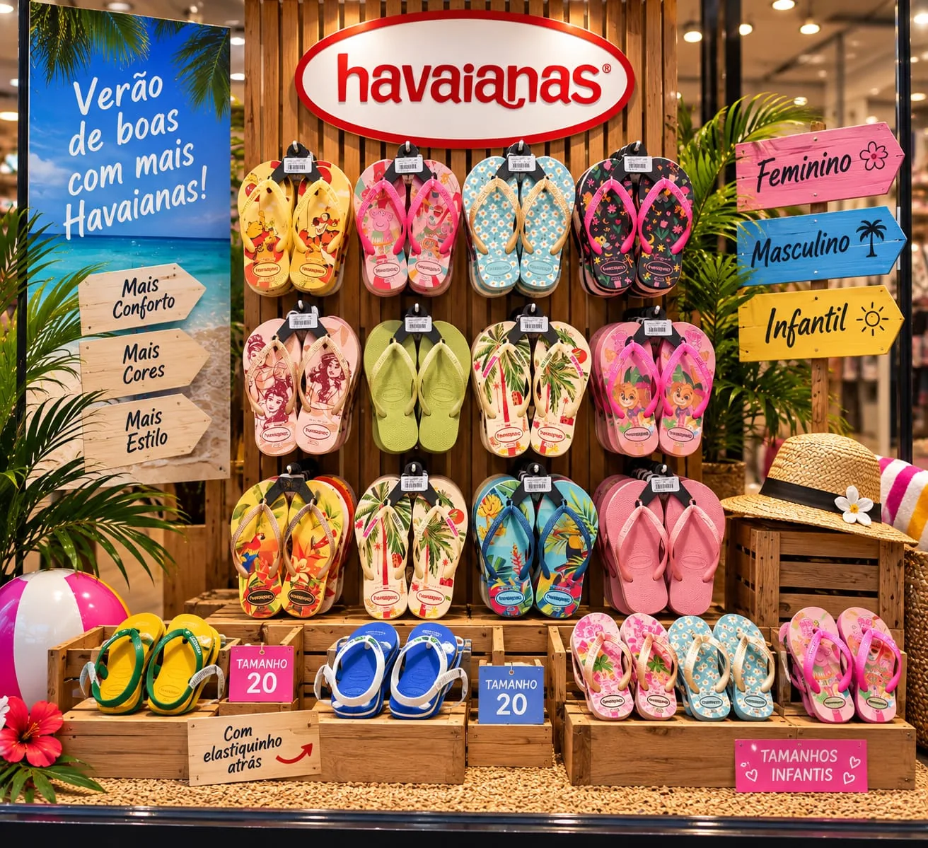 Exposição de chinelos Havaianas para público adulto e infantil