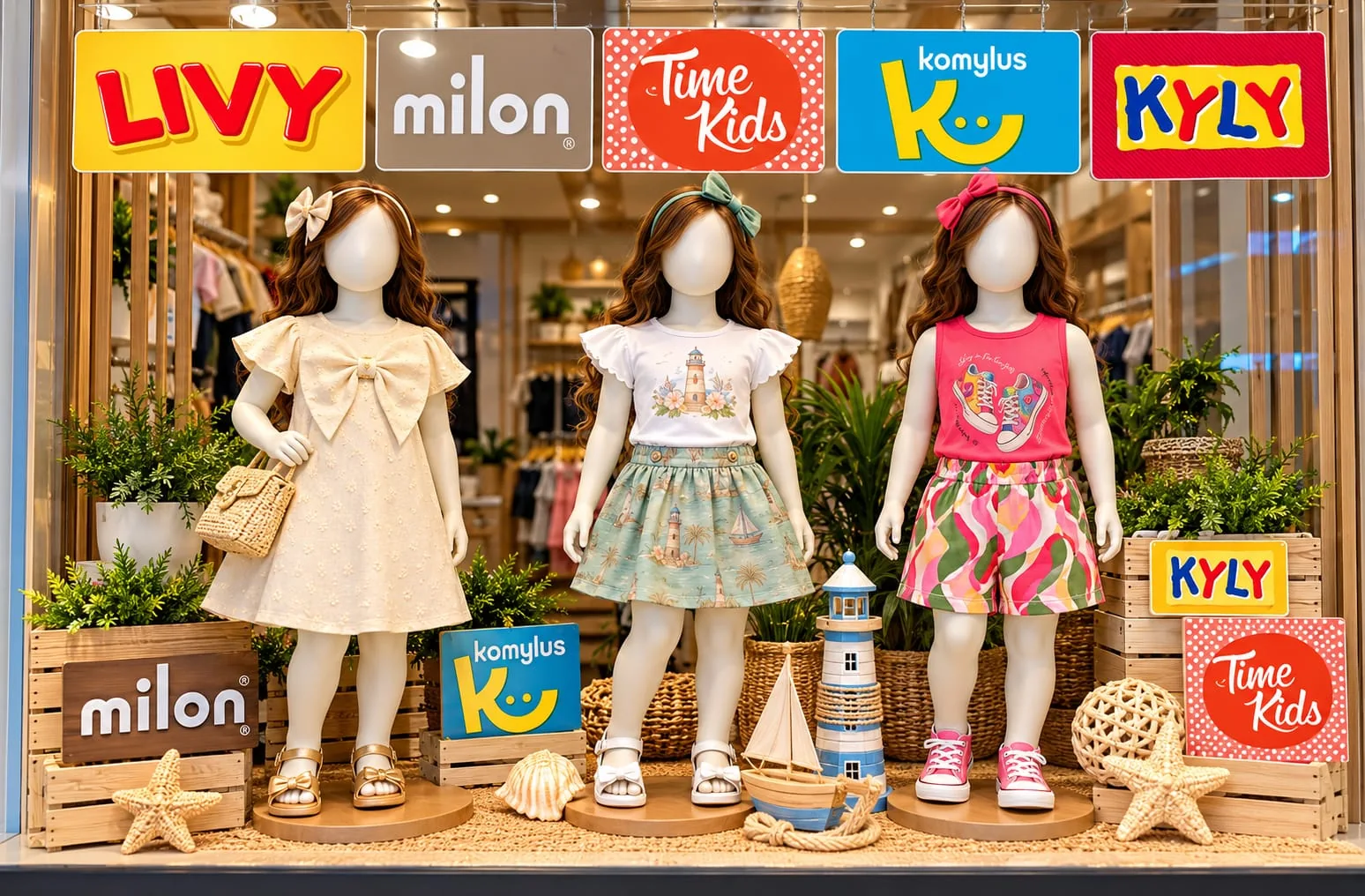 Outra vitrine infantil com placas Livy, Milon, Time Kids, Kamylus e Kyly