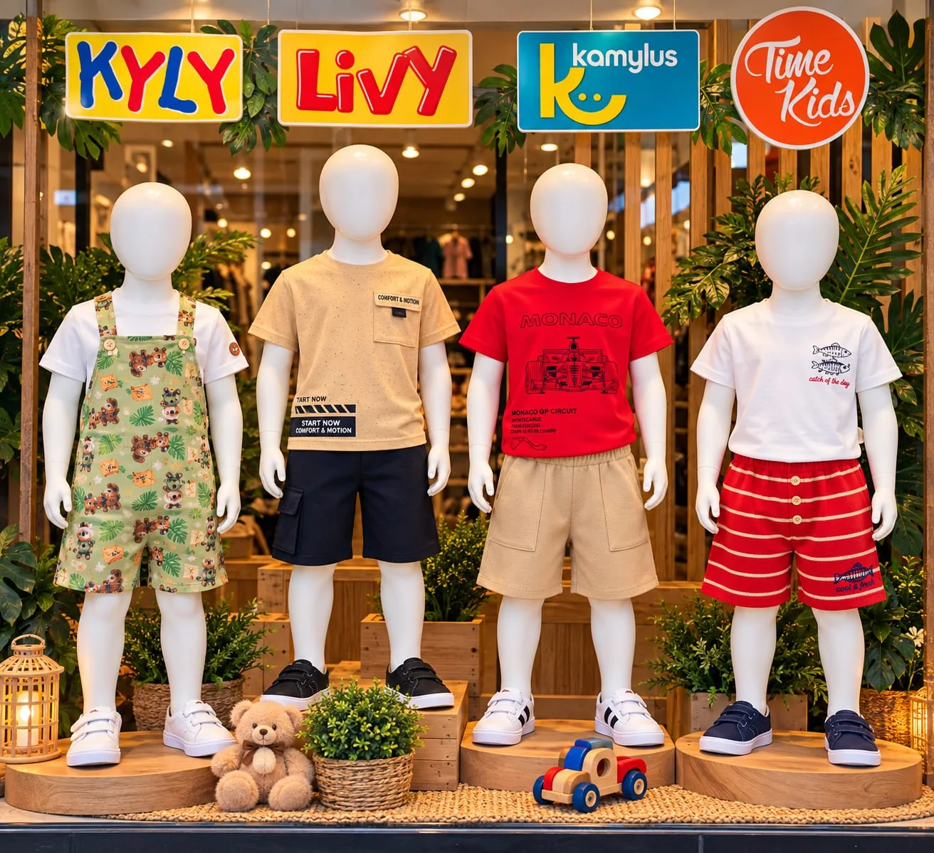 Foto completa da vitrine infantil com quatro manequins e placas Kyly, Livy, Kamylus e Time Kids