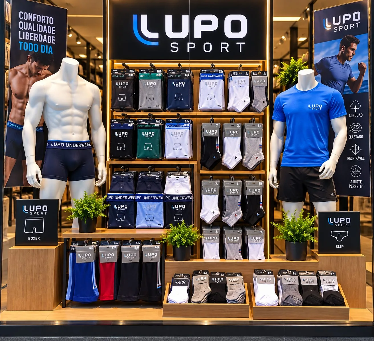 Vitrine Lupo com peças de moda íntima, meias e roupas esportivas