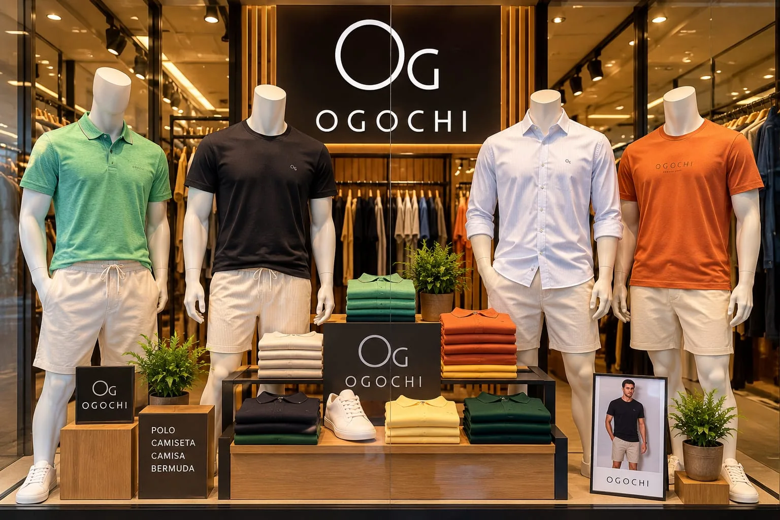 Vitrine com looks masculinos Ogochi