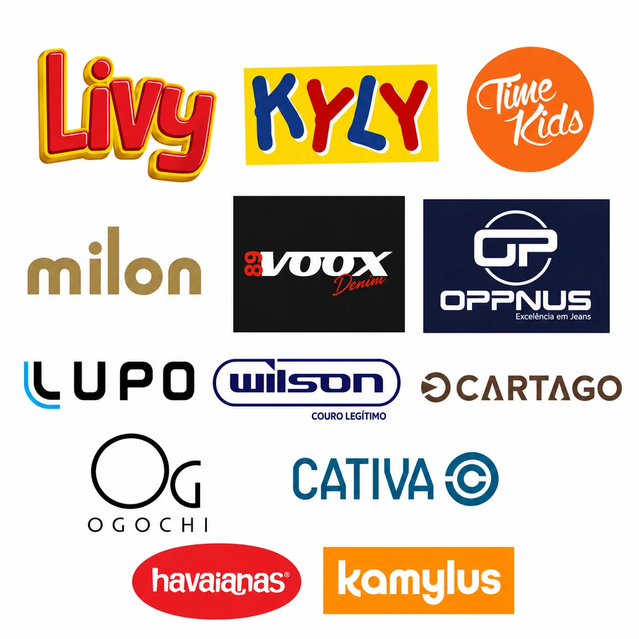Painel com Livy, Kyly, Time Kids, Milon, Voox Denim, Oppnus, Lupo, Wilson, Cartago, Ogochi, Cativa, Havaianas e Kamylus